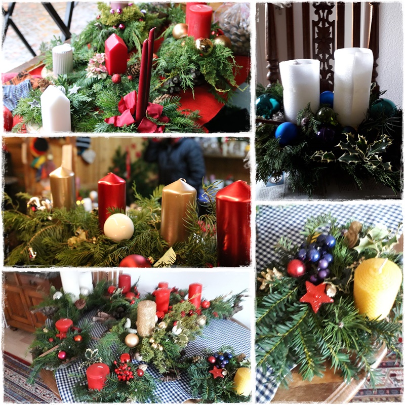 Bild Collage Selbstgemachte Weihnachtsgestecke und Adventskränze aus Tannenzweigen und Kerzen stehen auf einem Tisch