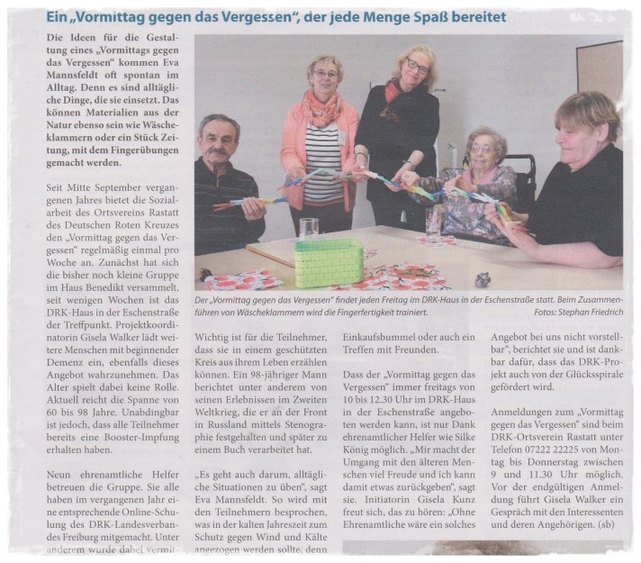 Ein Bild von einem Zeitungsartikel über das DRK-Projekt Ein Vormittag gegen das Vergessen